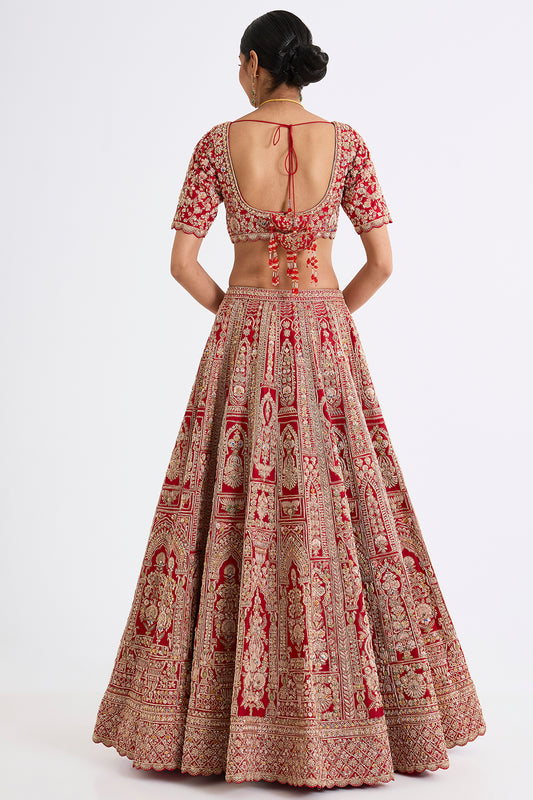 red raw silk zari hand & machine embroidered lehenga set