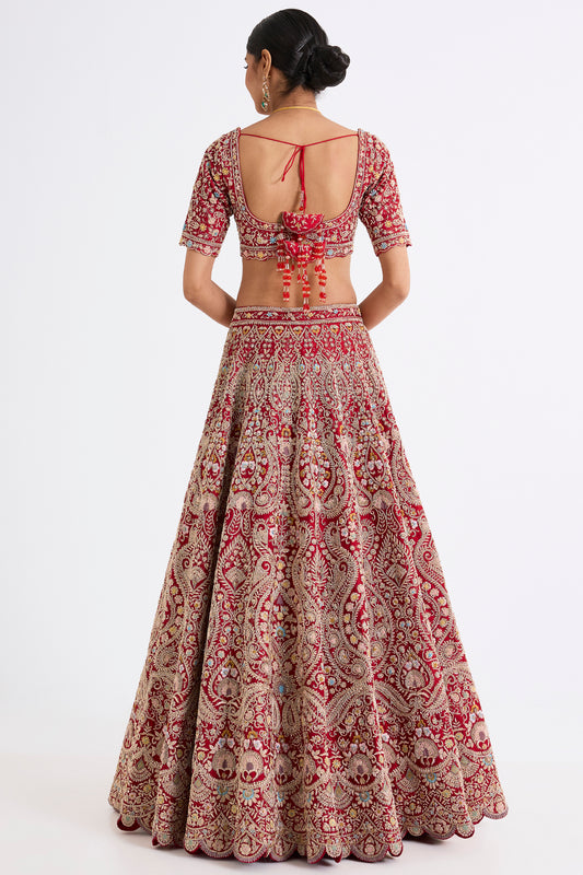 red raw silk zari hand & machine embroidered lehenga set