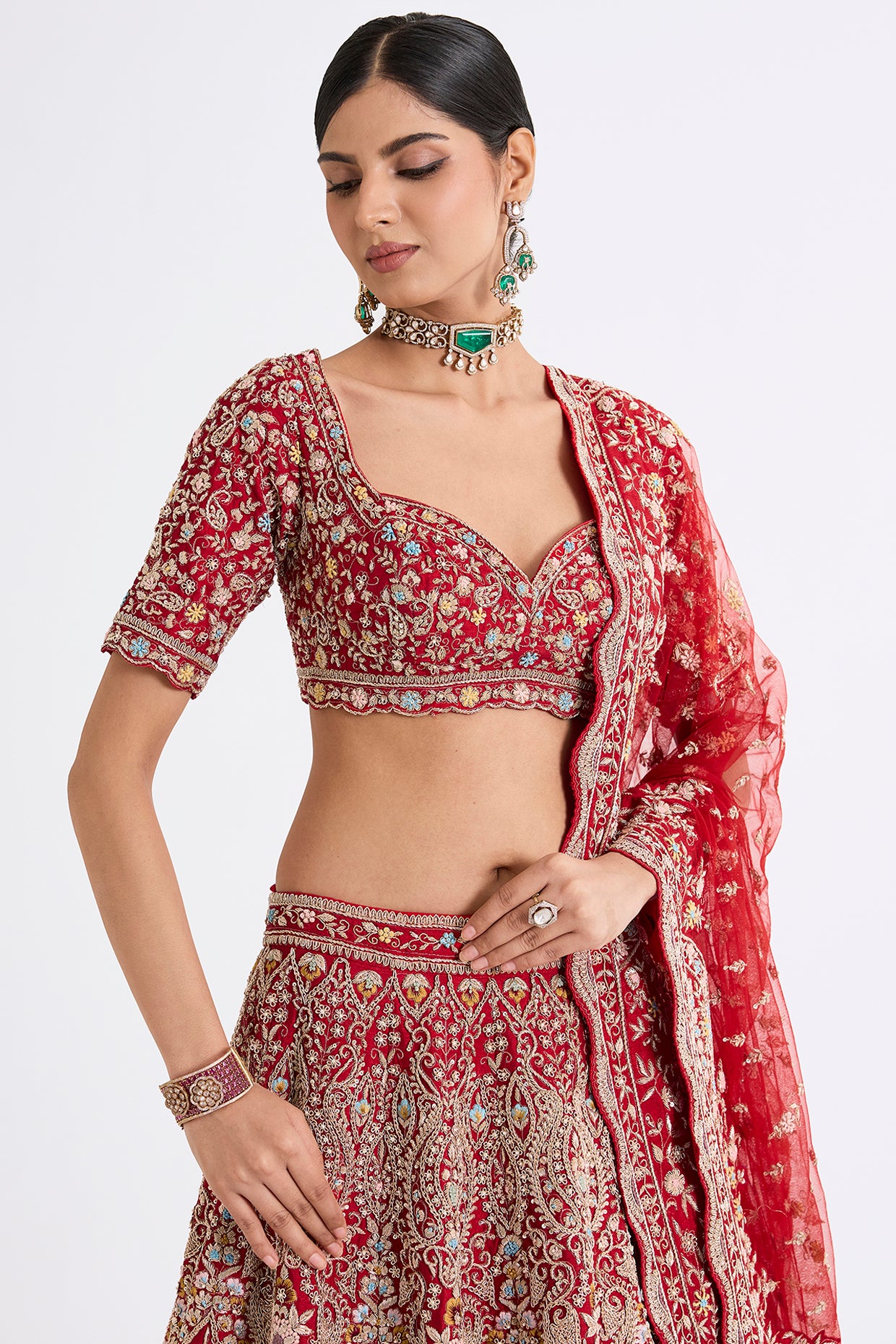 red raw silk zari hand & machine embroidered lehenga set