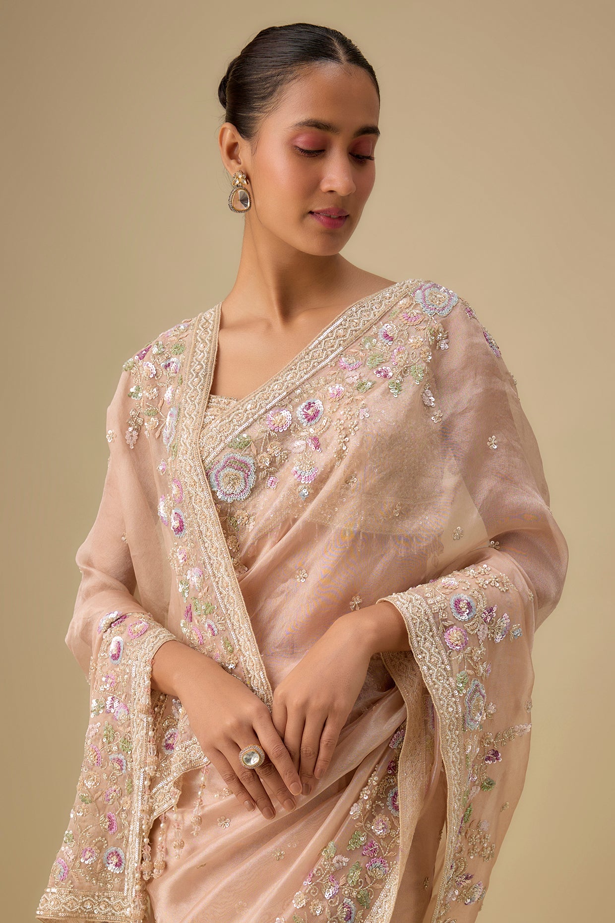 gold tissue hand & machine embroidered saree set