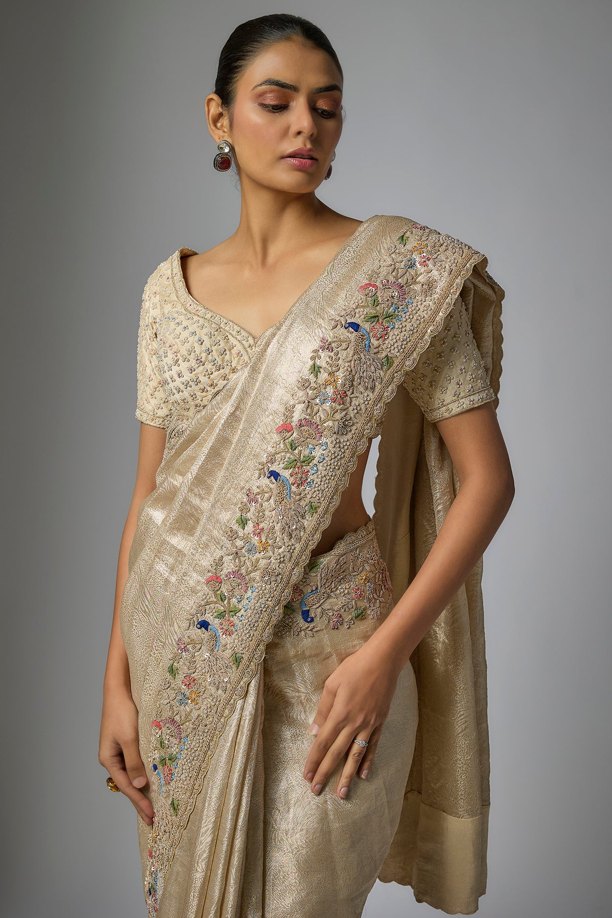 gold banarasi machine embroidered saree set