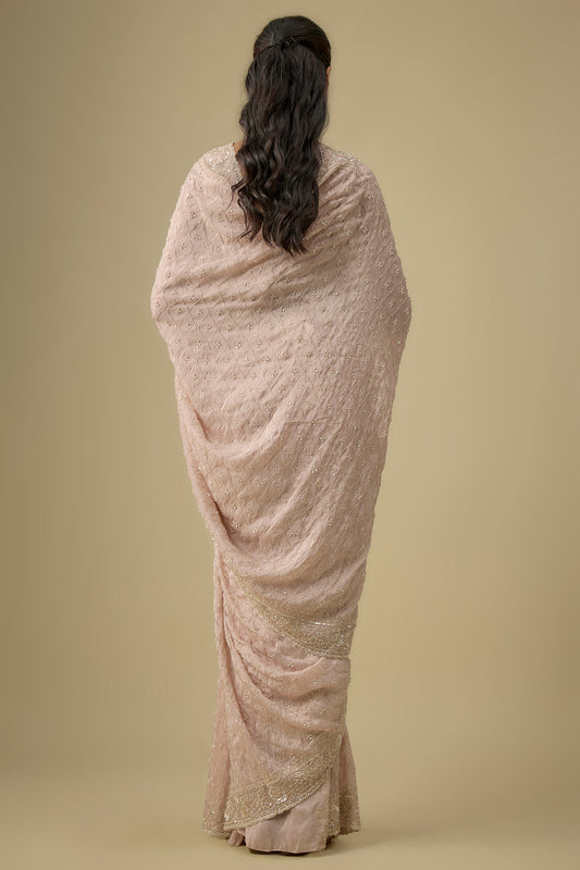 peach tissue hand & machine embroidered saree set