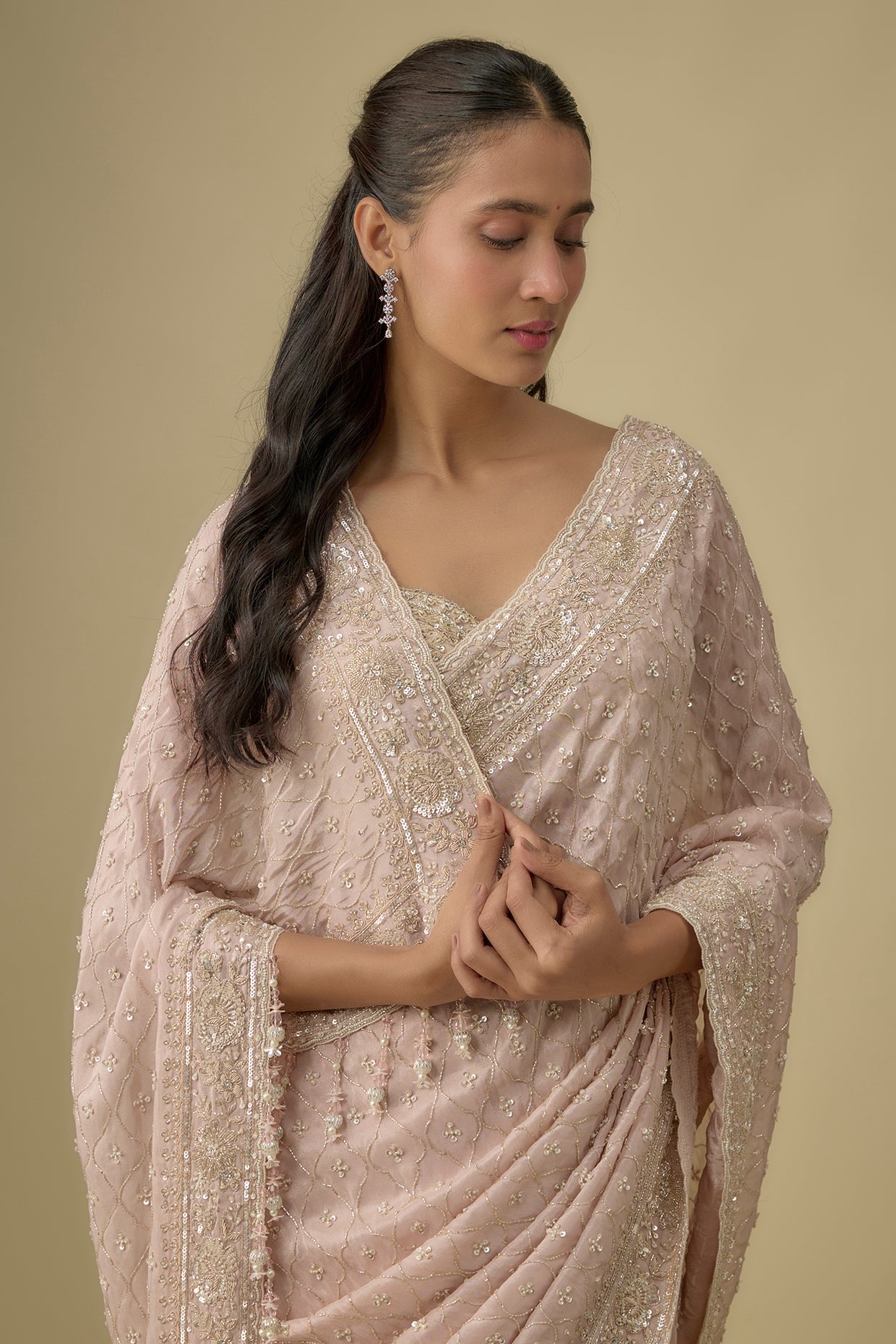 peach tissue hand & machine embroidered saree set