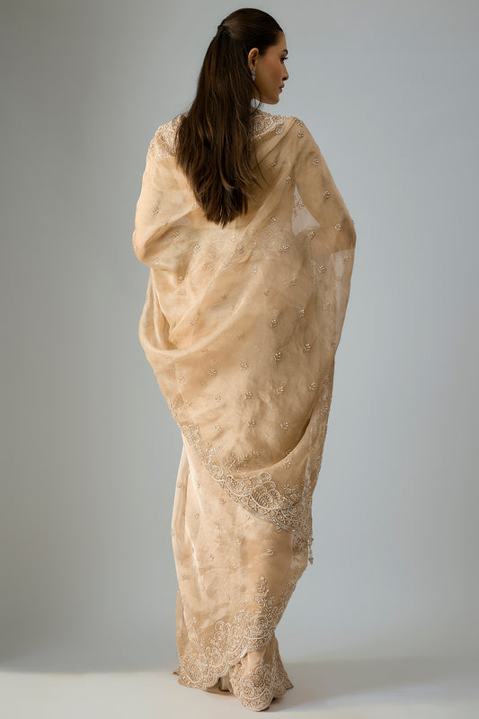 gold satin silk threadwork handloom saree set