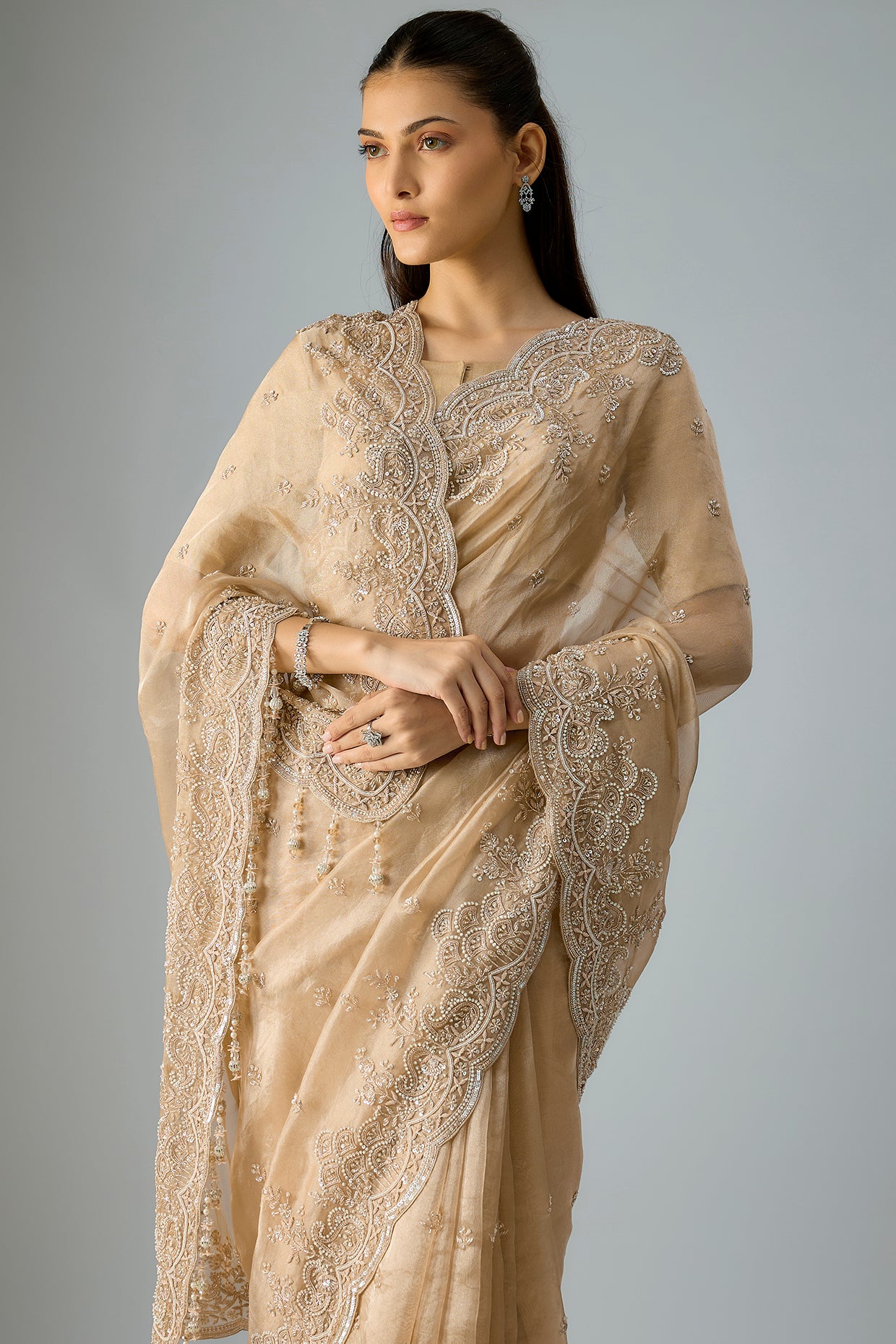 gold satin silk threadwork handloom saree set