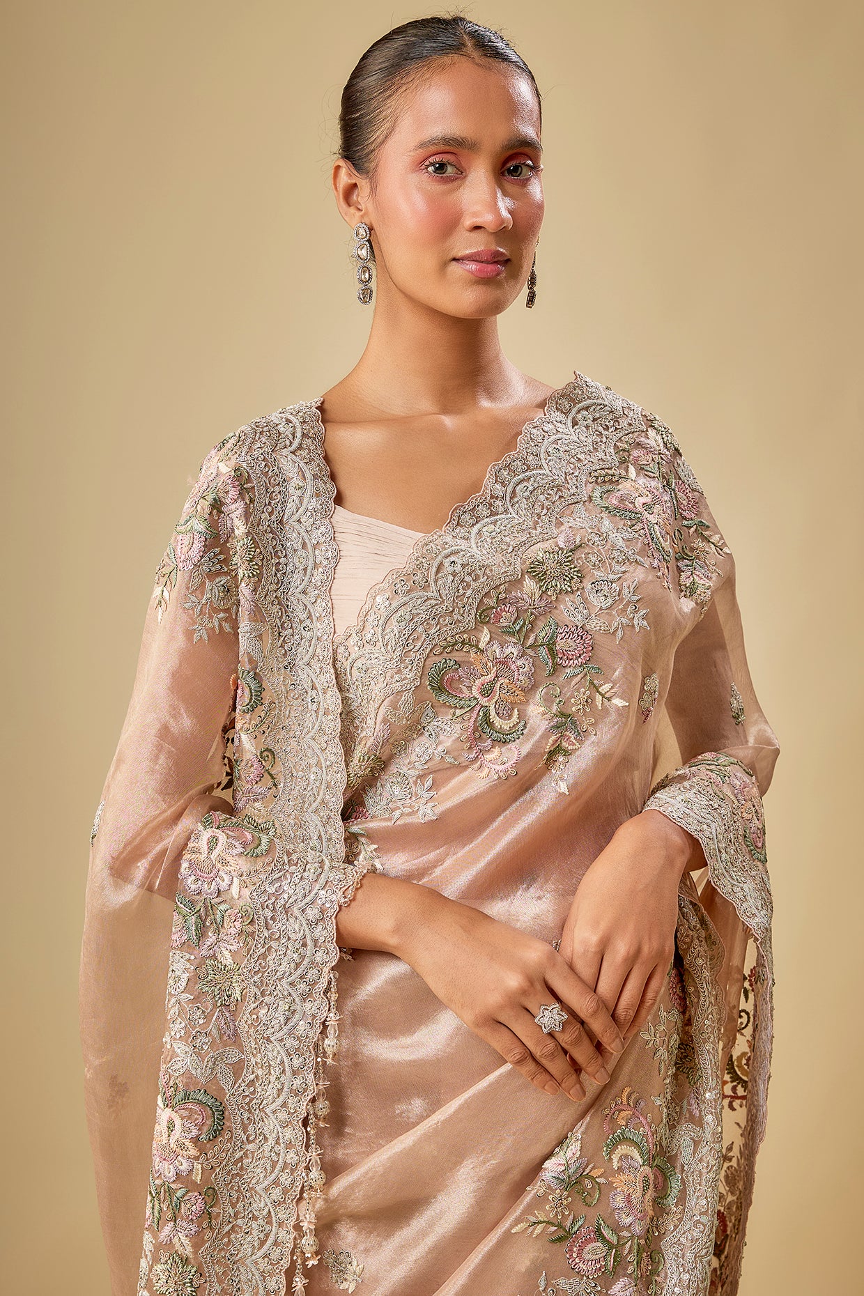 peach tissue resham & sequins embroidered saree set
