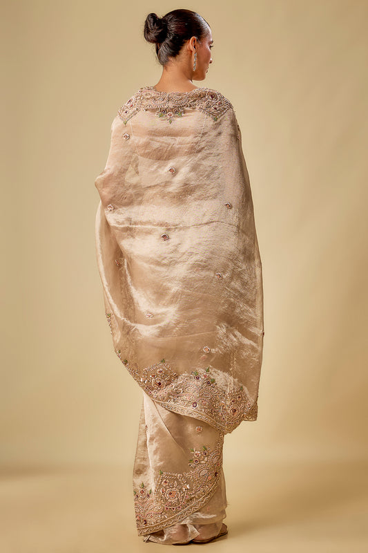 gold tissue hand & machine embroidered saree set