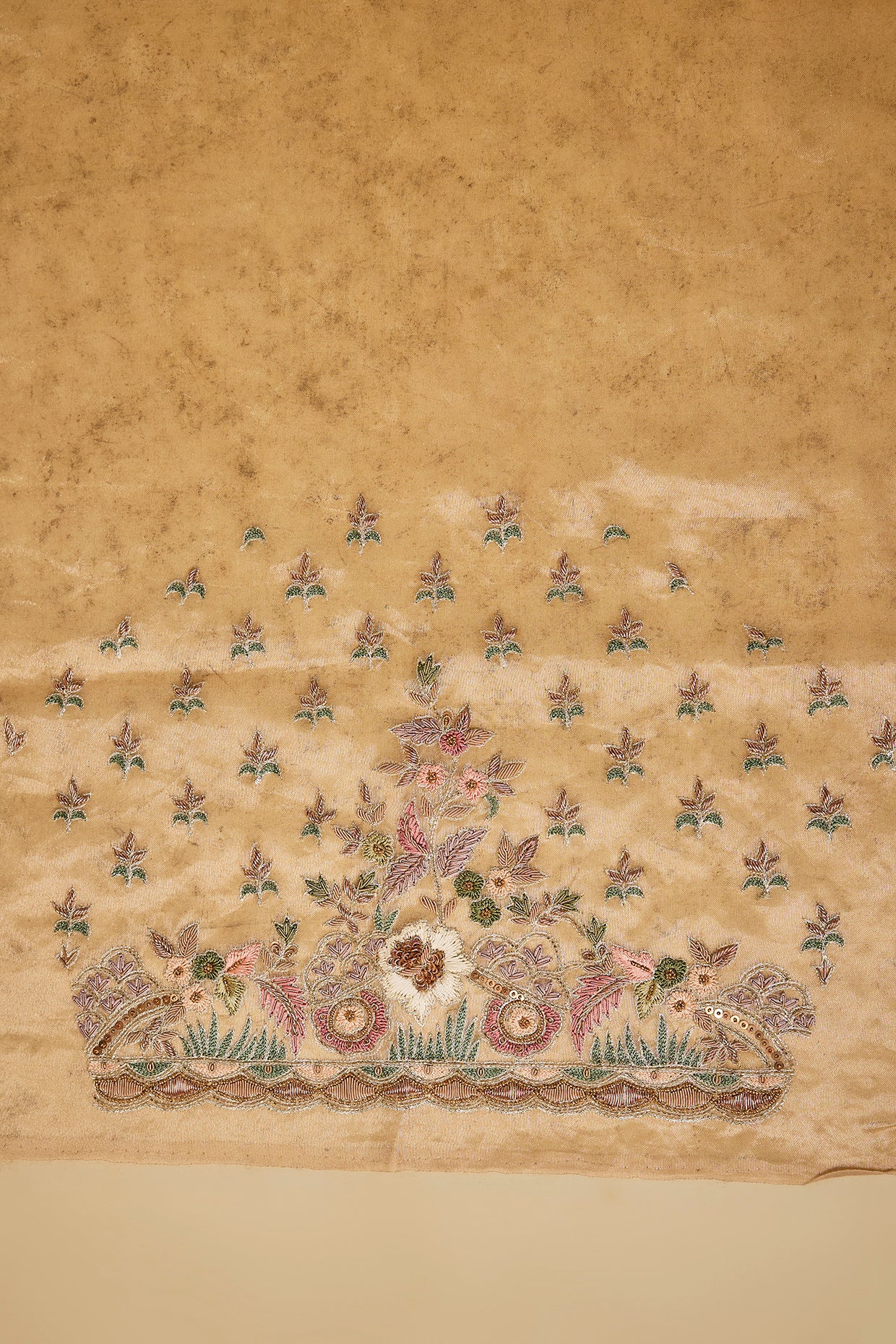 gold tissue hand & machine embroidered saree set