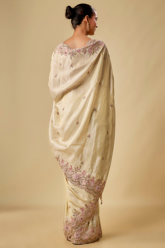 gold tissue hand & machine embroidered saree set