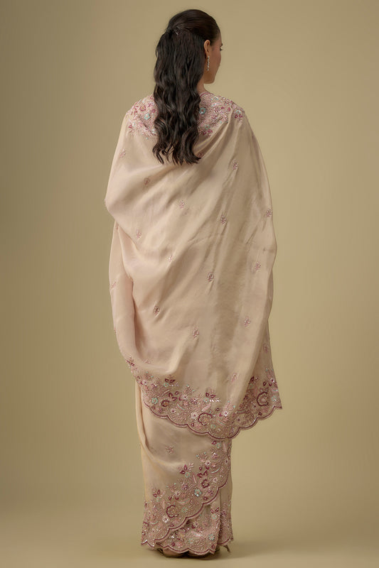 gold tissue hand & machine embroidered saree set