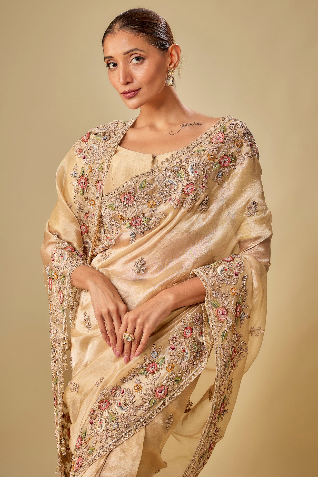 gold tissue hand & machine embroidered saree set