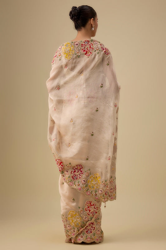 gold tissue hand & machine embroidered saree set