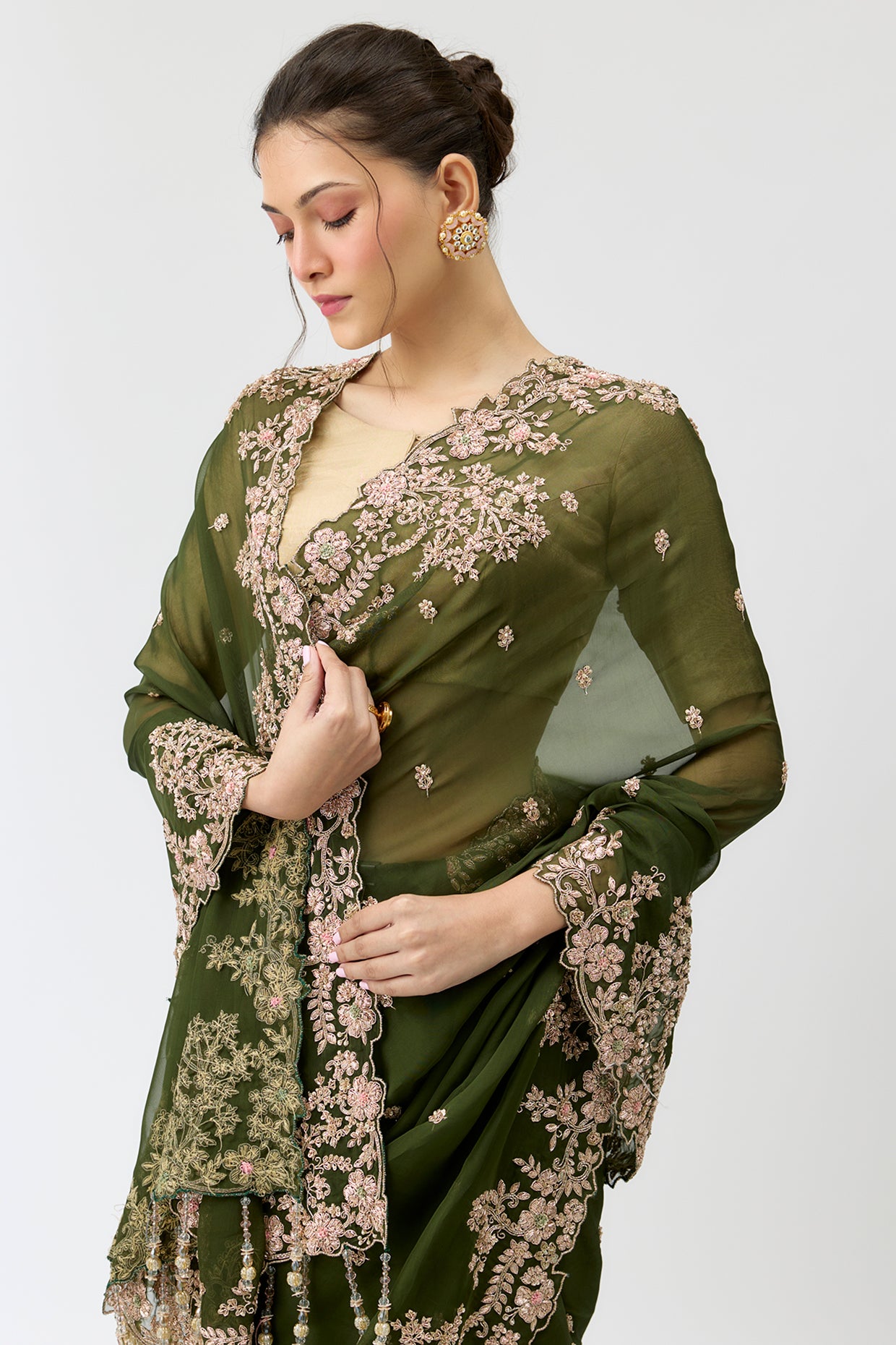 green viscose organza sequins embroidered saree set