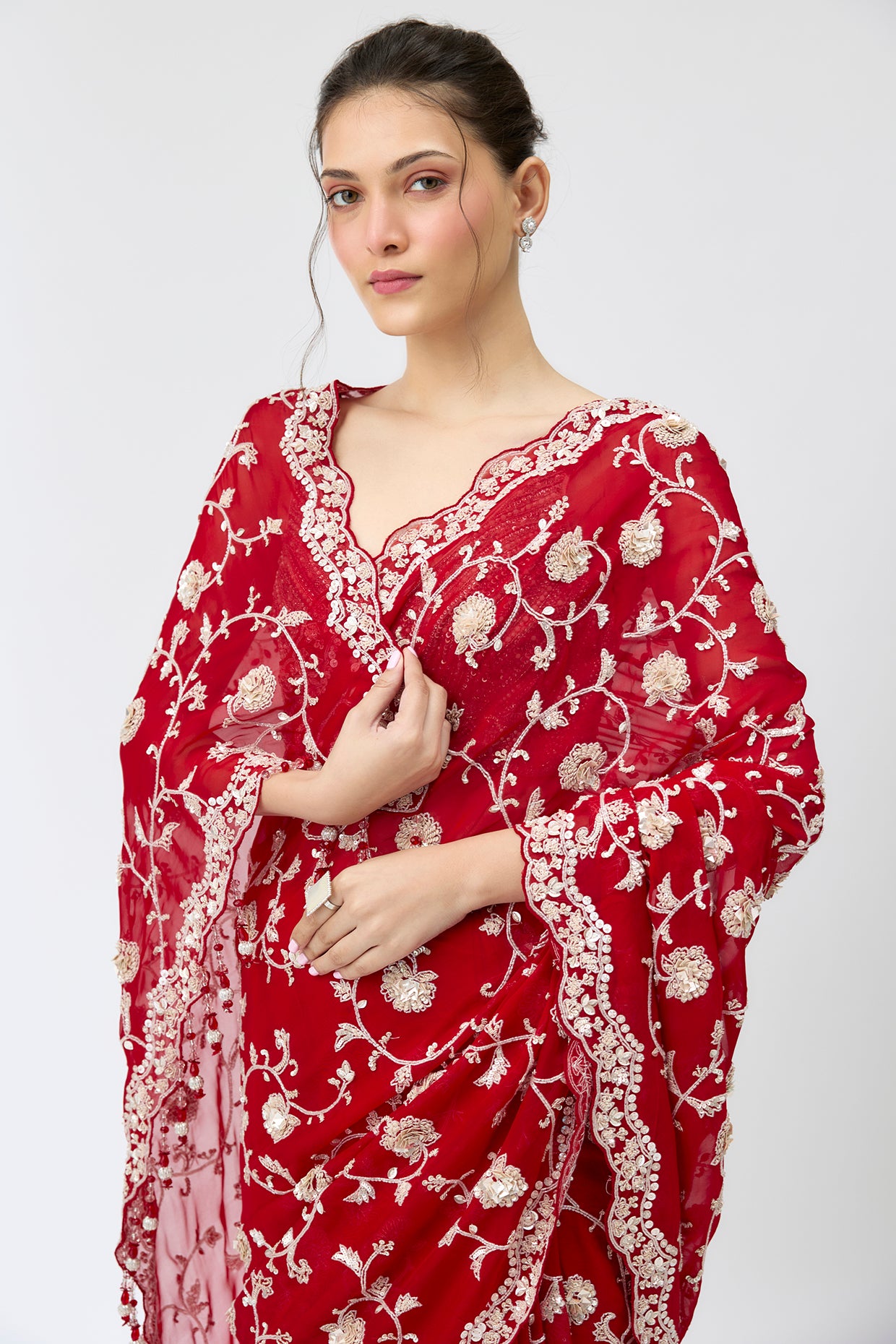 maroon viscose organza sequins embroidered saree set