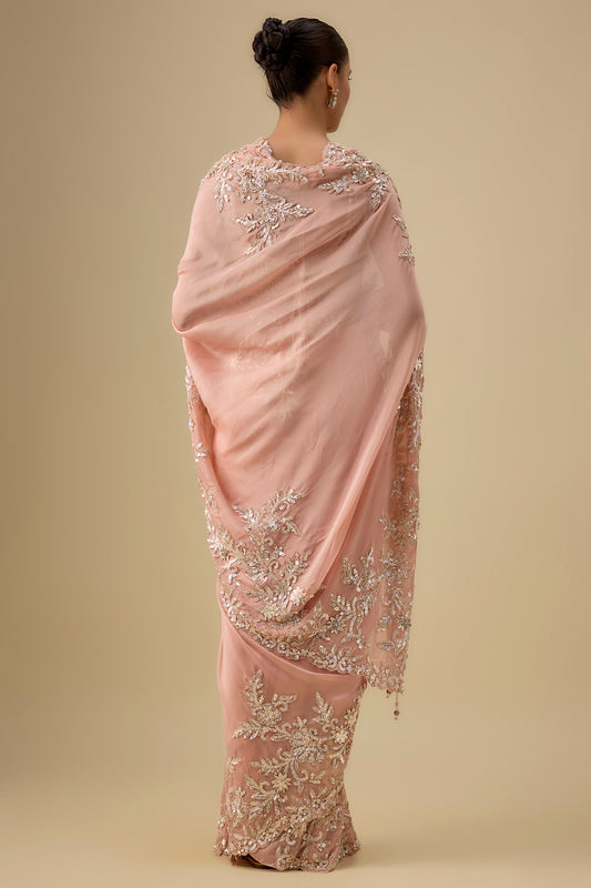 pink organza hand & machine embroidered saree set
