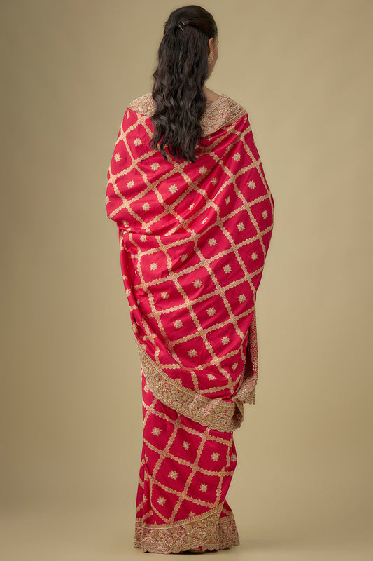 red tissue hand & machine embroidered saree set