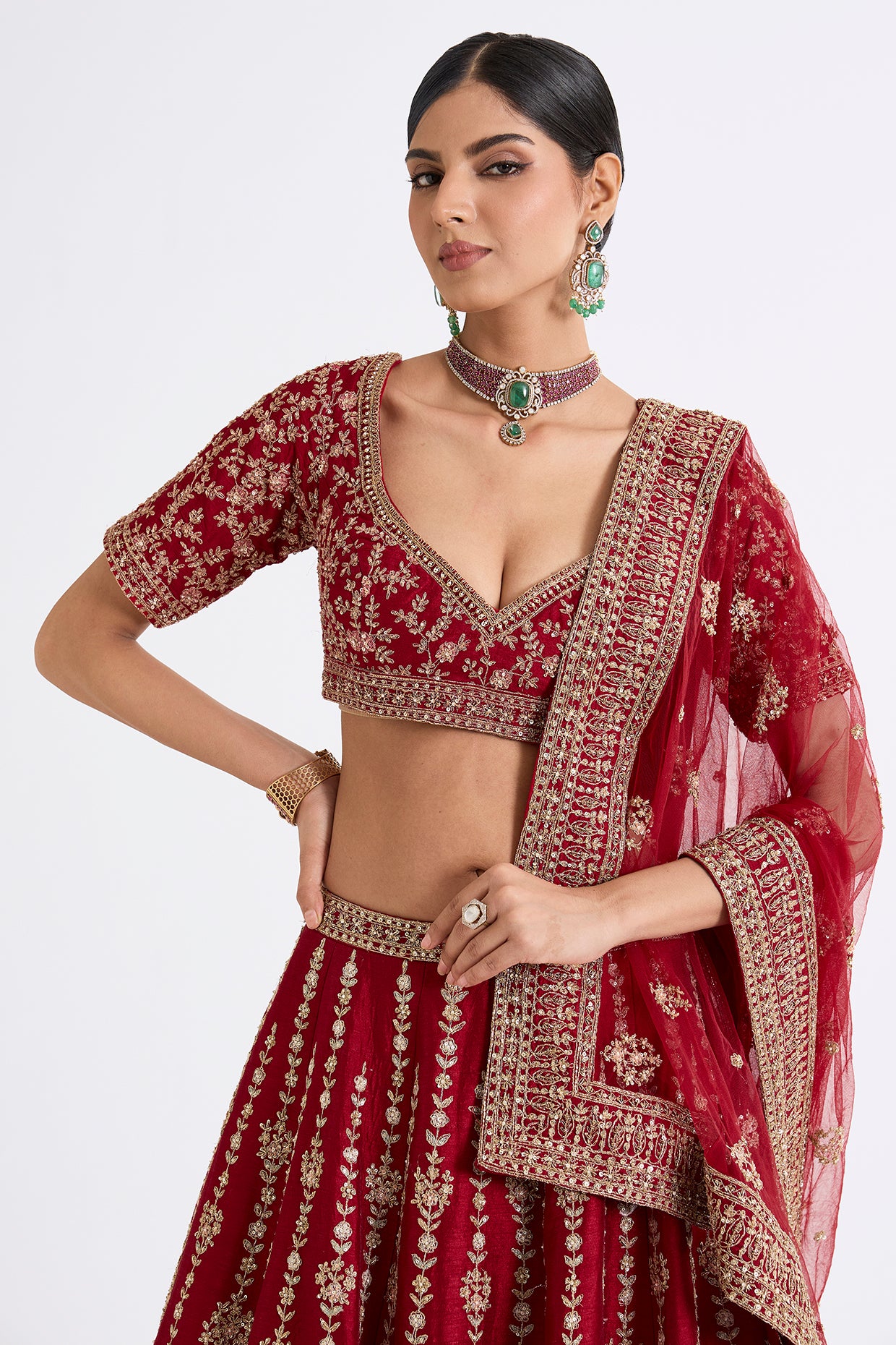 red raw silk zari hand & machine embroidered lehenga set