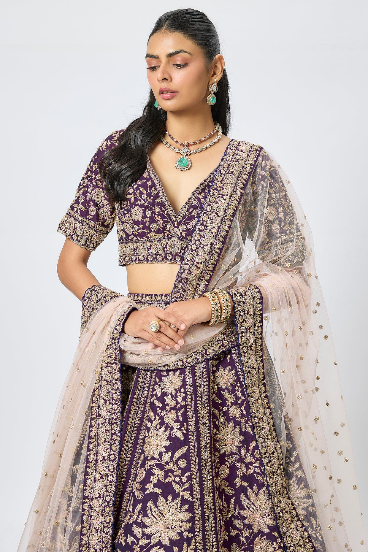 purple raw silk cutdana hand & machine embroidered lehenga set