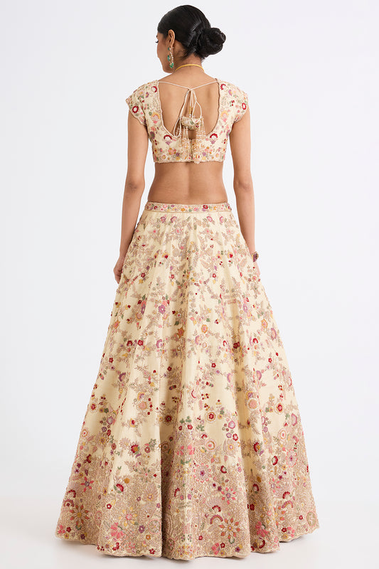 peach raw silk zari hand & machine embroidered lehenga set