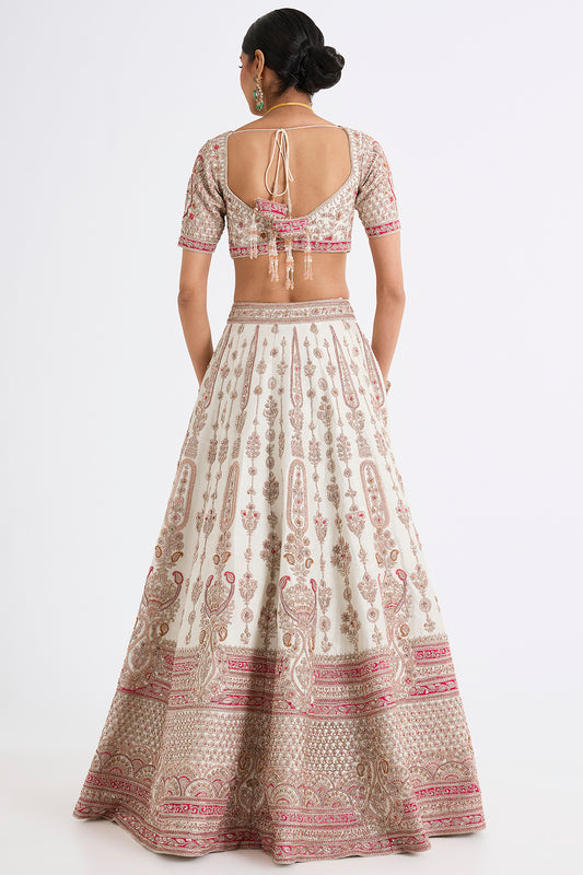 ivory raw silk zari hand & machine embroidered lehenga set