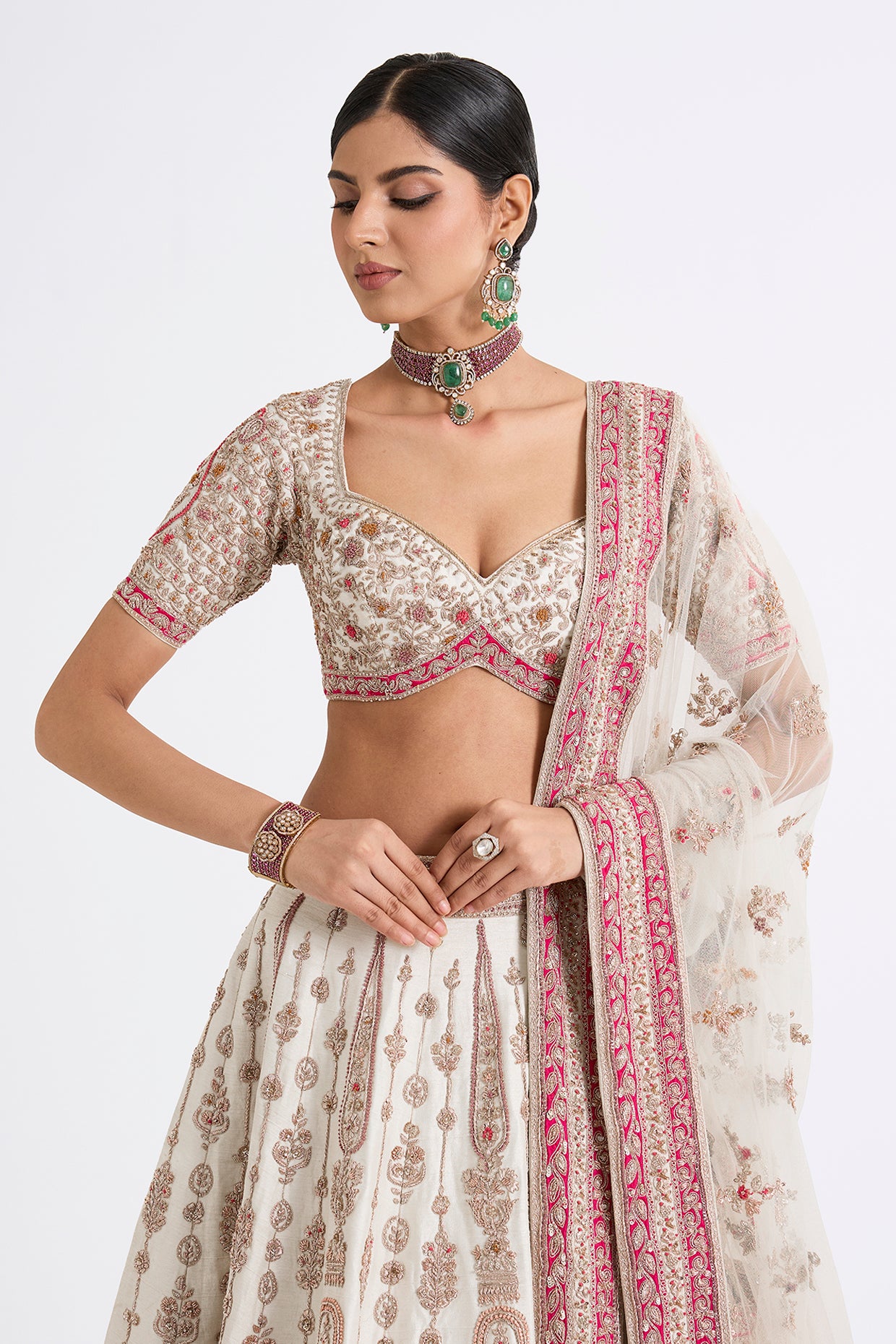 ivory raw silk zari hand & machine embroidered lehenga set