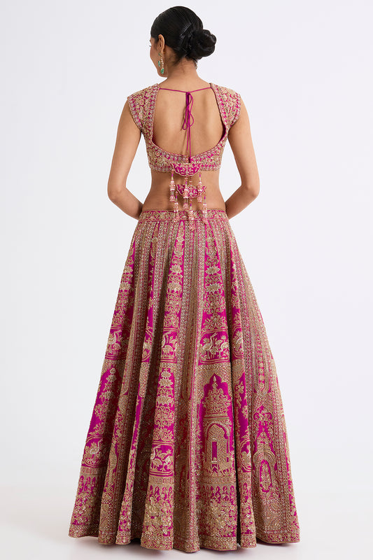 rani pink raw silk zari hand & machine embroidered lehenga set