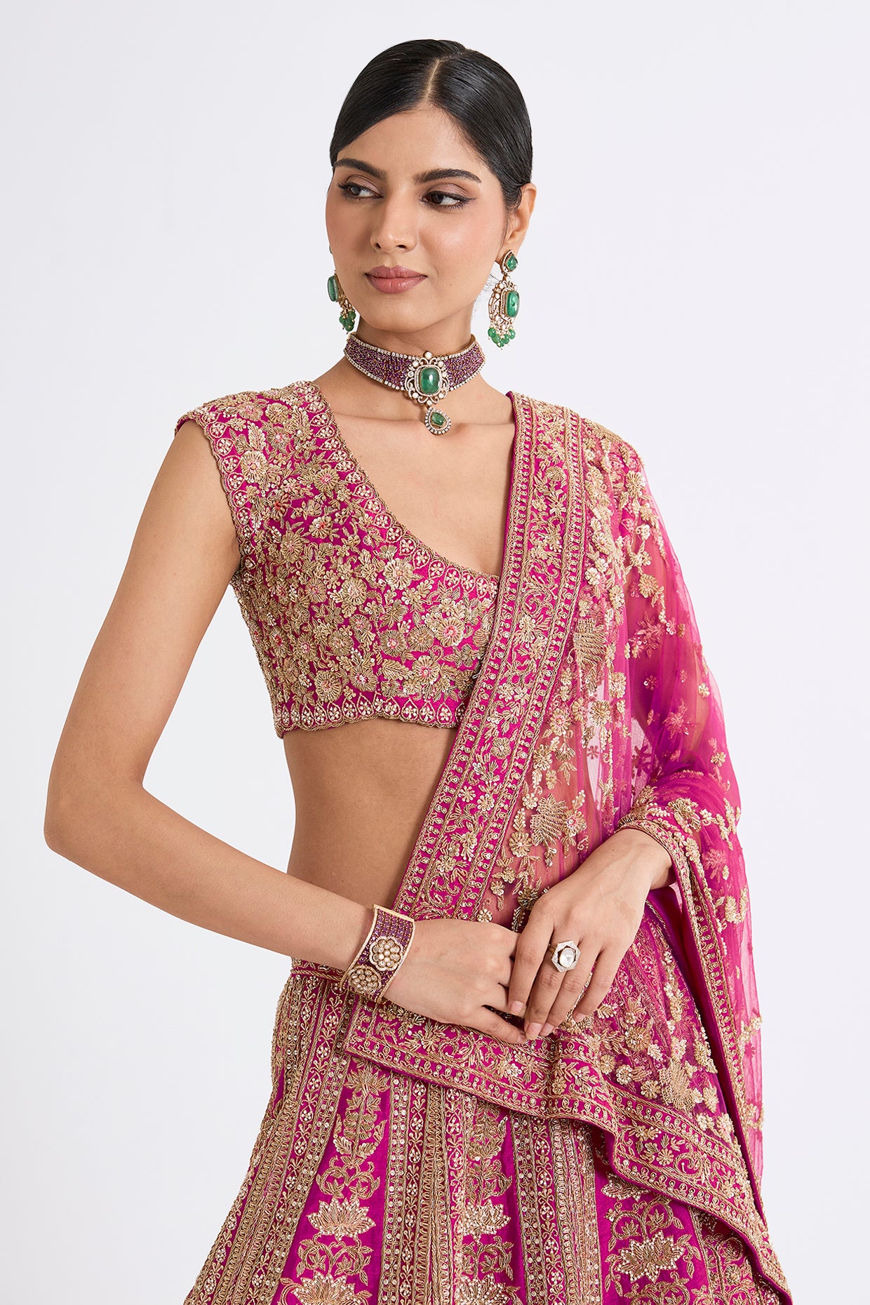 rani pink raw silk zari hand & machine embroidered lehenga set