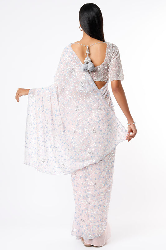 mauve embroidered saree set