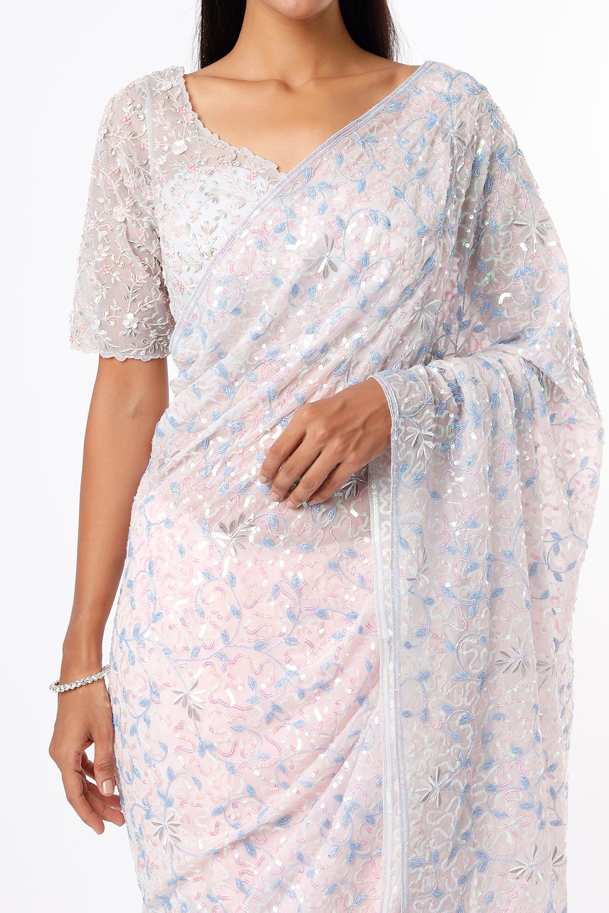 mauve embroidered saree set