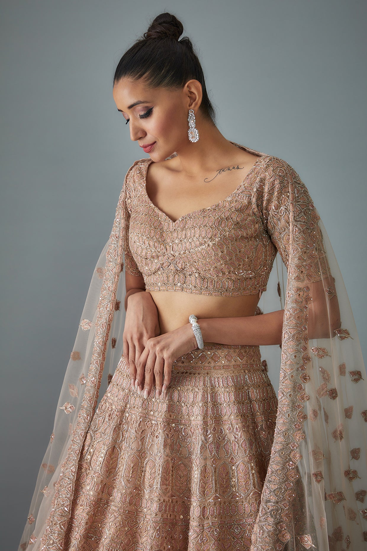 gold organza hand embroidered lehenga set