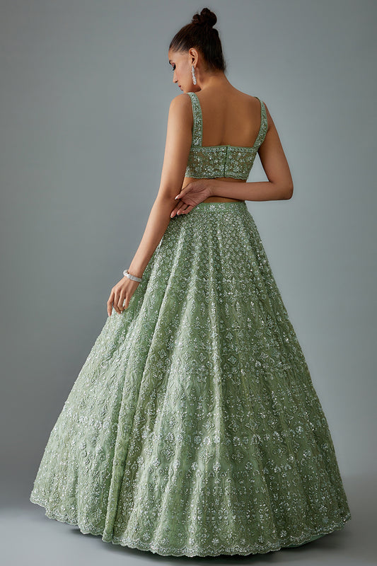 blue organza hand embroidered lehenga set