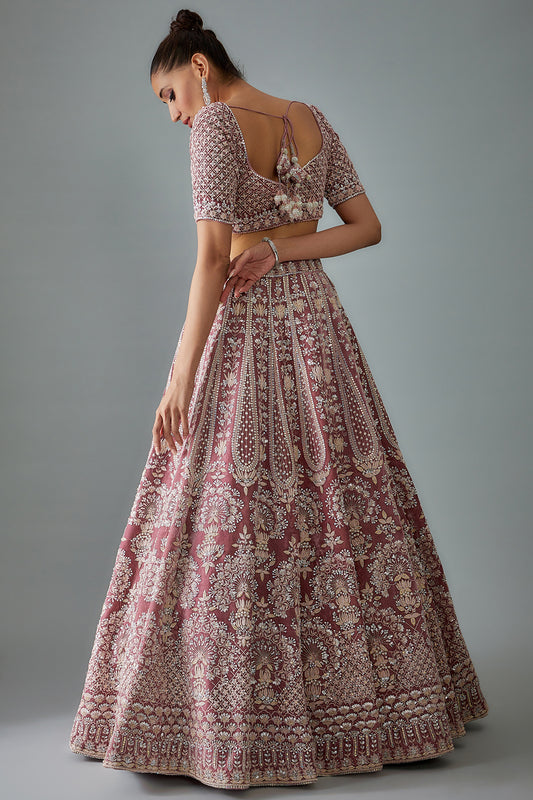 mauve velvet hand embroidered lehenga set