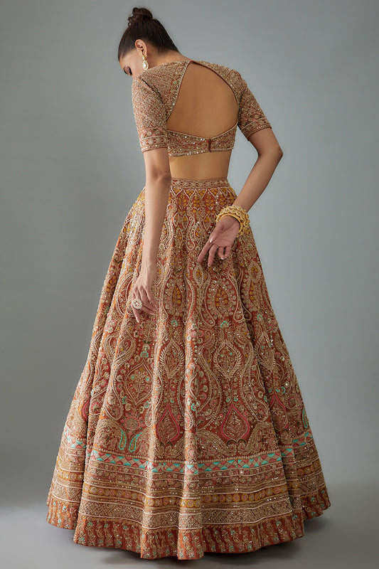 orange raw silk hand embroidered lehenga set