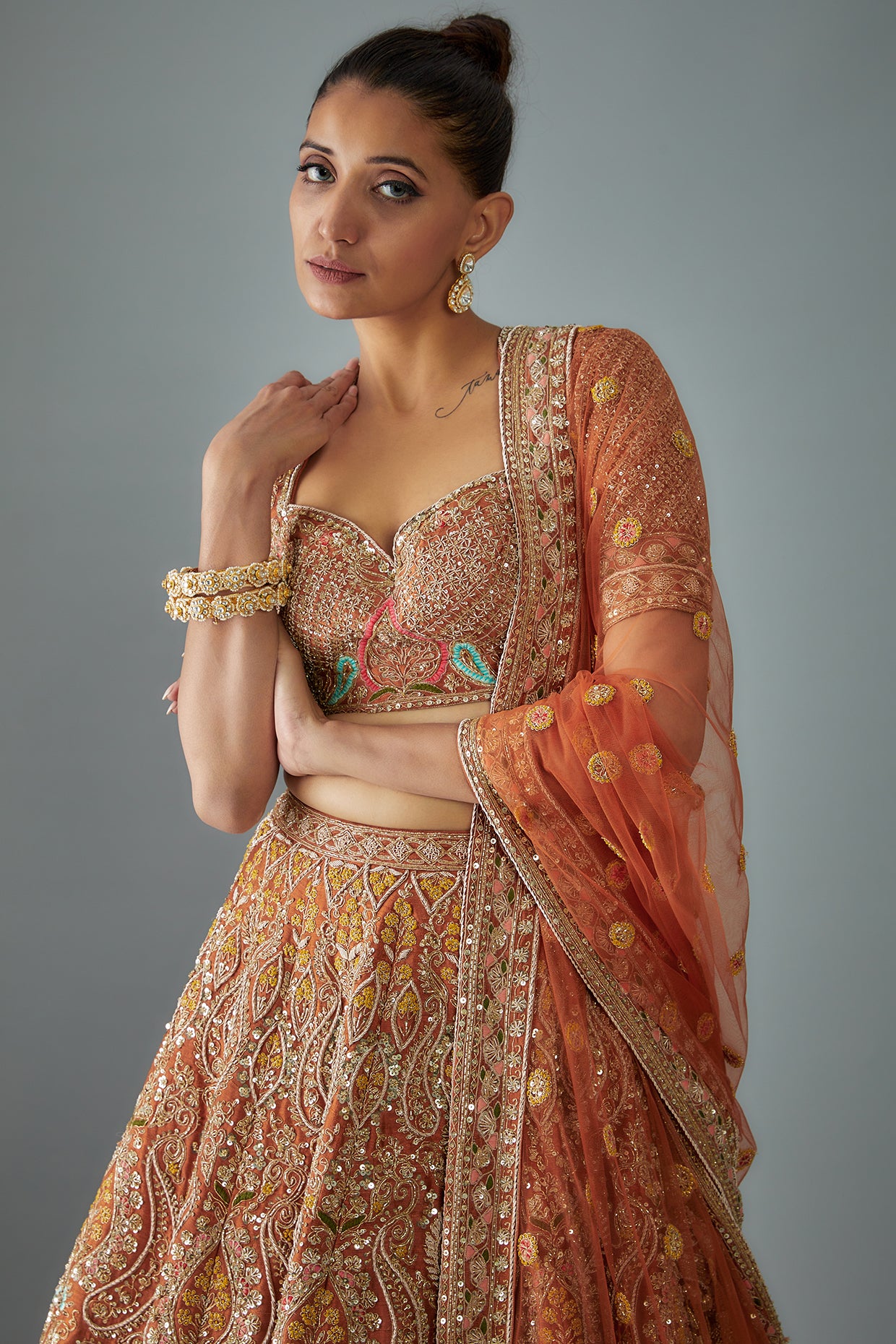 orange raw silk hand embroidered lehenga set