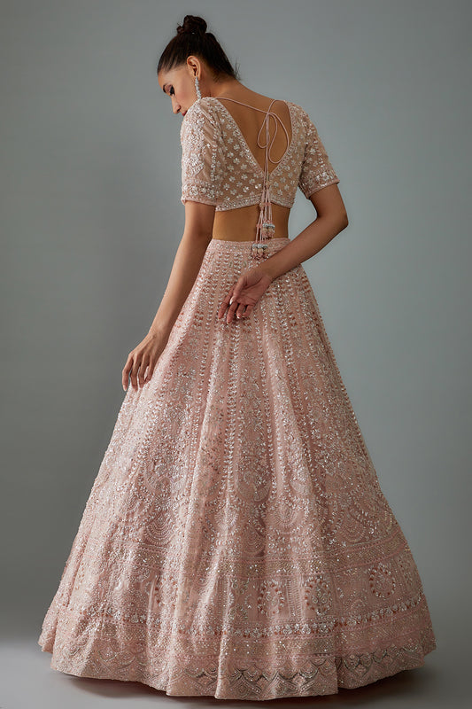 pink net hand embroidered lehenga set