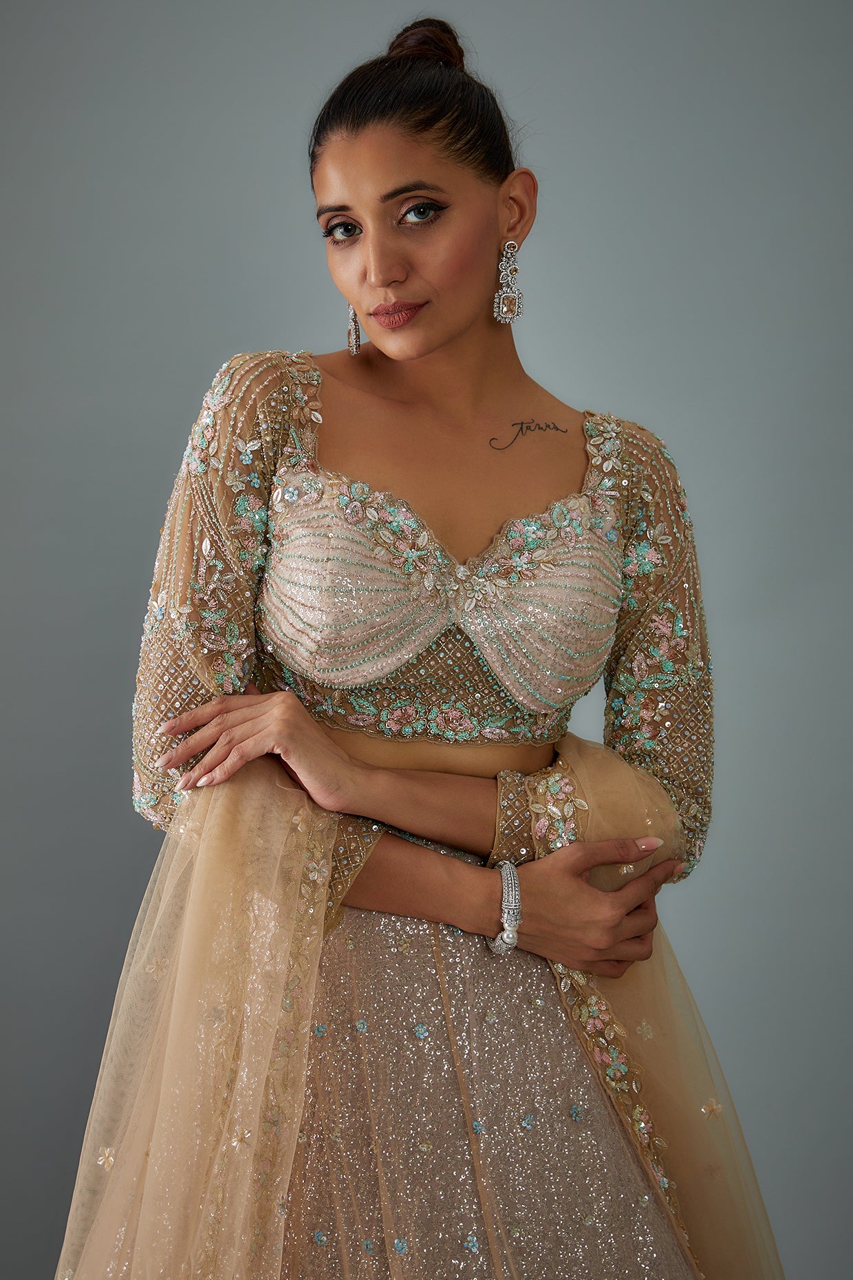 beige net hand embroidered lehenga set