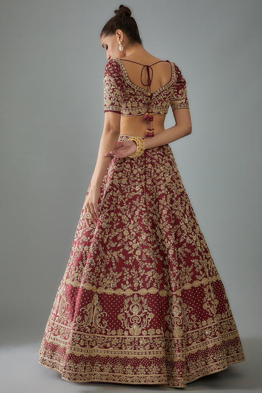 maroon raw silk hand embroidered lehenga set