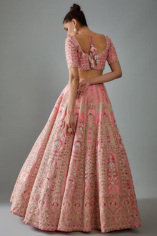 pink raw silk hand embroidered lehenga set
