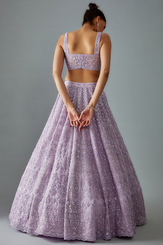 lilac organza hand embroidered lehenga set