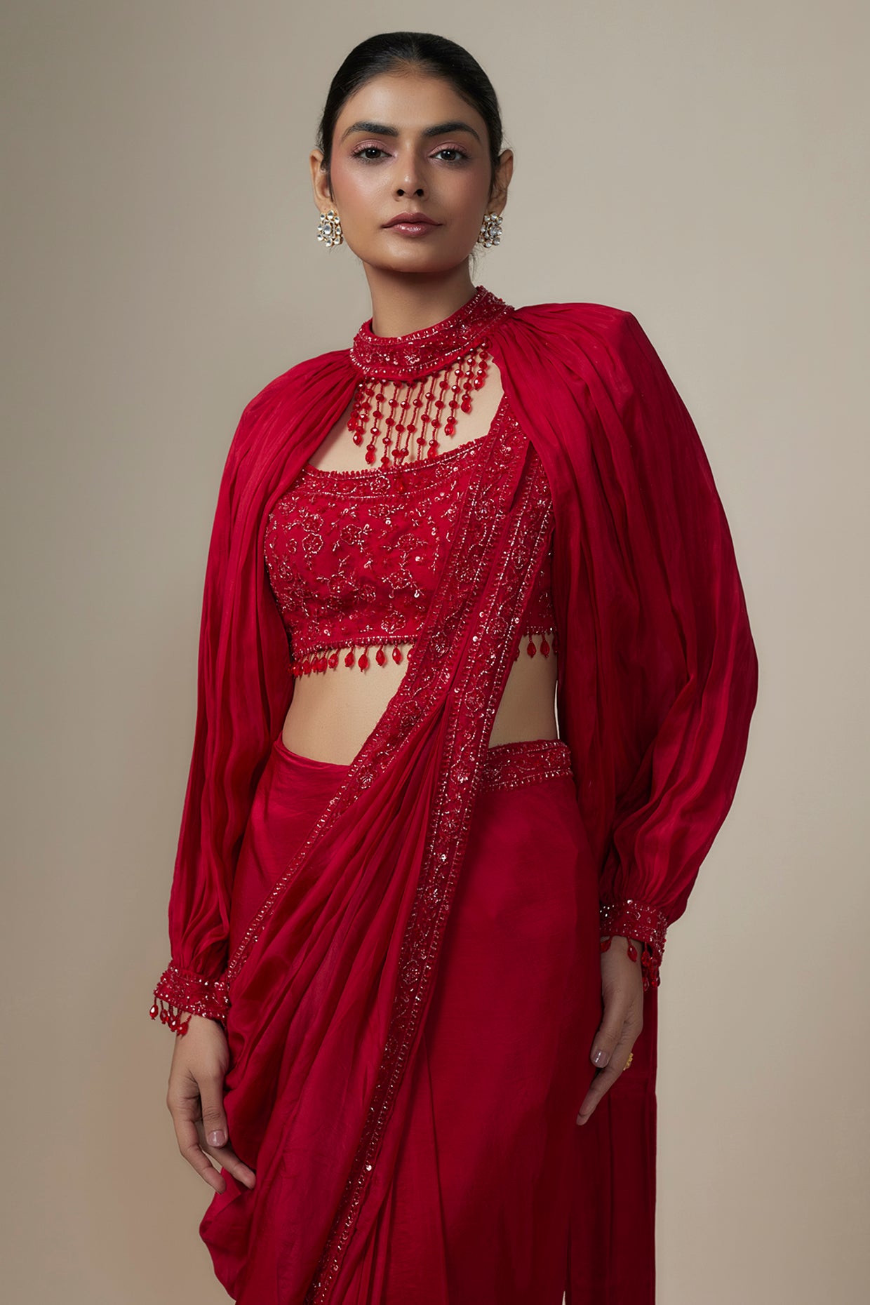 cadmium red organza sequins embroidered saree set