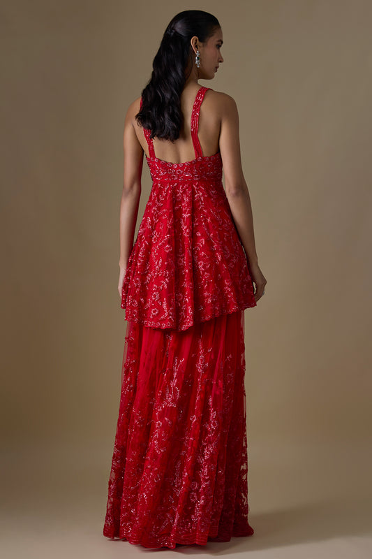 red organza hand & machine embroidered sharara set