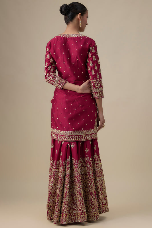 maroon chanderi silk zardosi embroidered sharara set