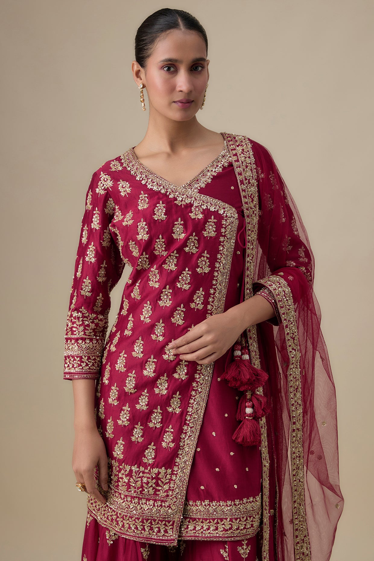 maroon chanderi silk zardosi embroidered sharara set