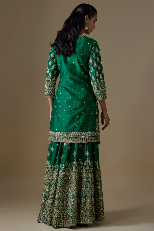green chanderi silk zardosi embroidered sharara set