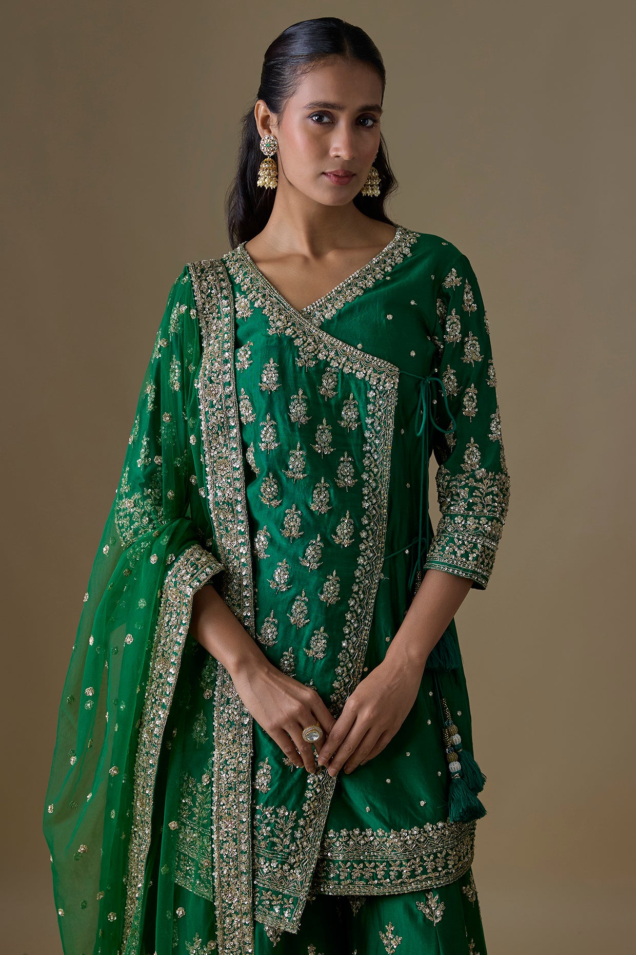 green chanderi silk zardosi embroidered sharara set