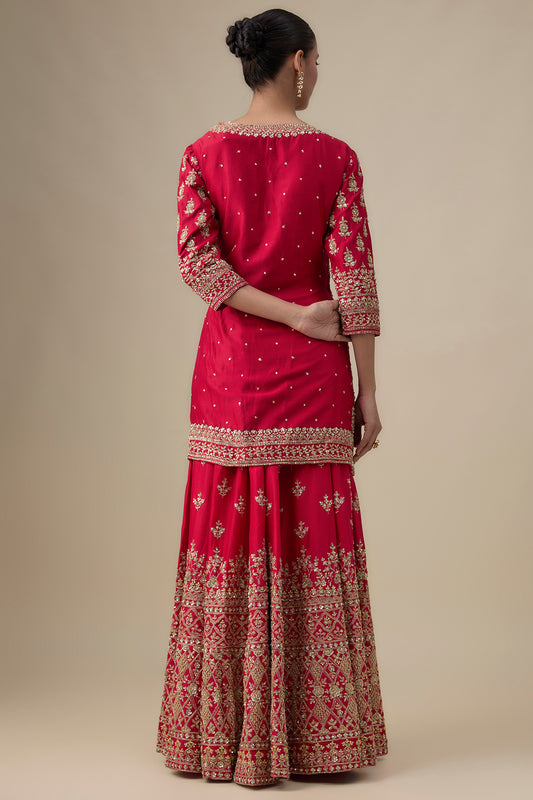 red chanderi silk zardosi embroidered sharara set