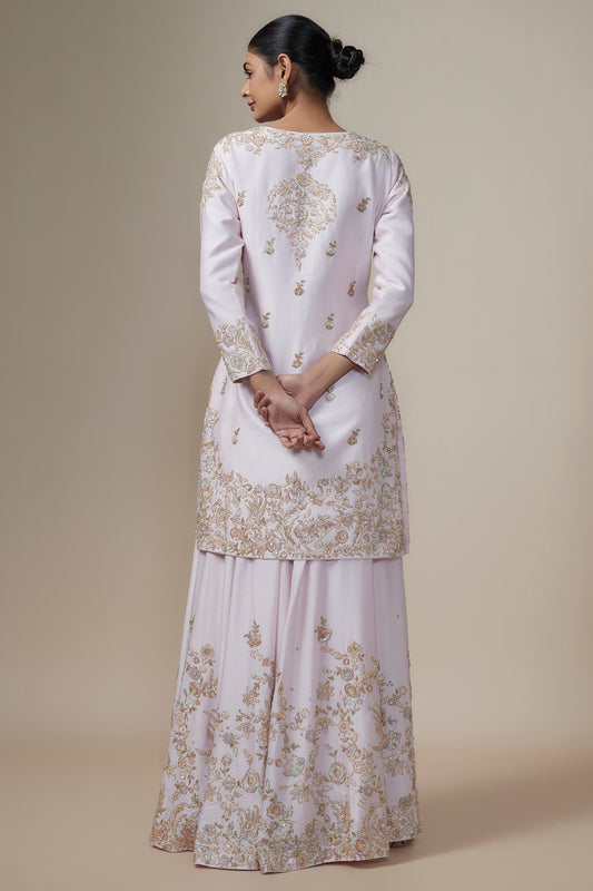 pink chanderi silk aari & zardosi embroidered sharara set