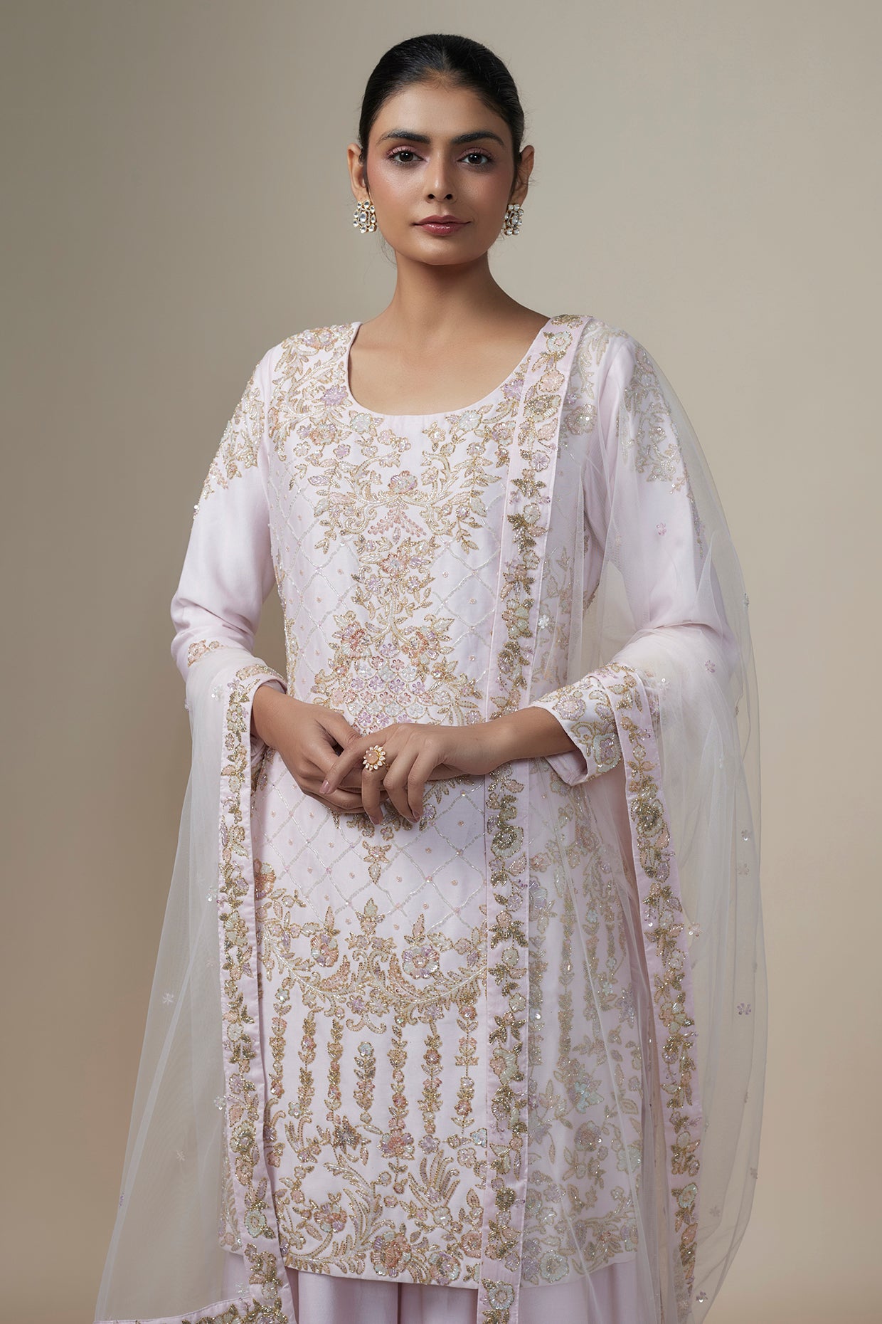 pink chanderi silk aari & zardosi embroidered sharara set