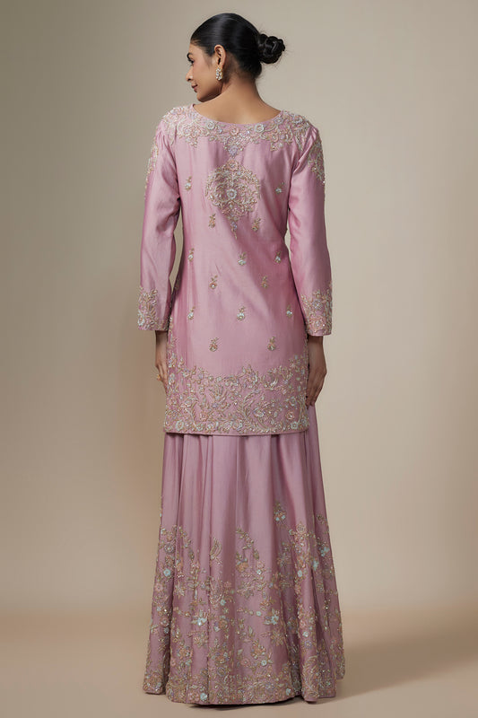mauve chanderi silk aari & zardosi embroidered sharara set
