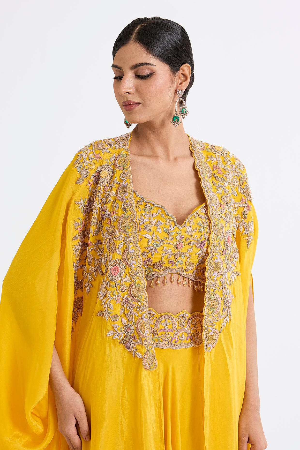 yellow habutai silk embroidered cape lehenga set